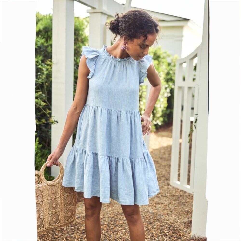 LAKE Helen Linen Tiered Dress XS Babydoll Cottage Shabby Chic Beach Coastal NEW
